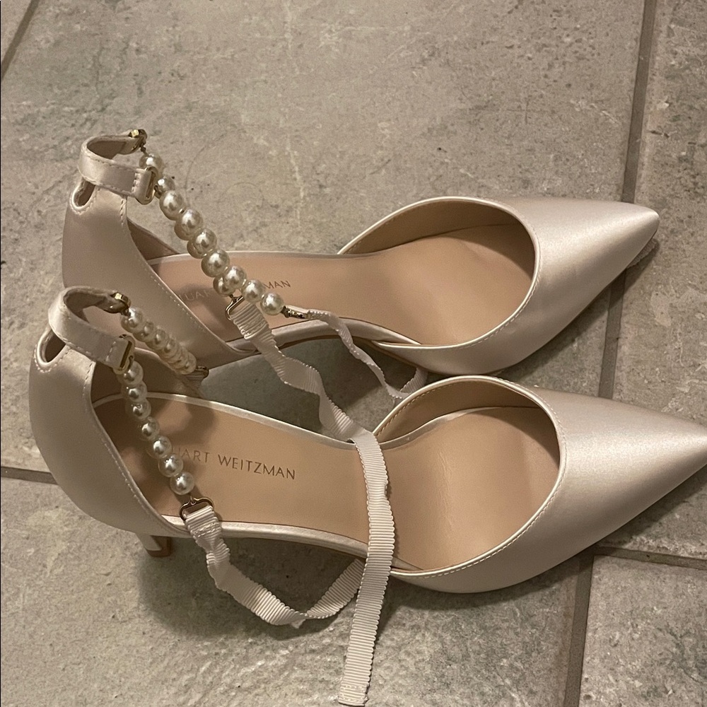 Stuart Weitzman Satin Pearl-Strap Pointed Pumps in Ivory